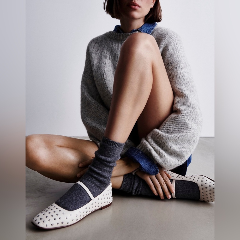Madewell Greta Ballet Flat Mary Jane’s in Ecru with Silver Studs